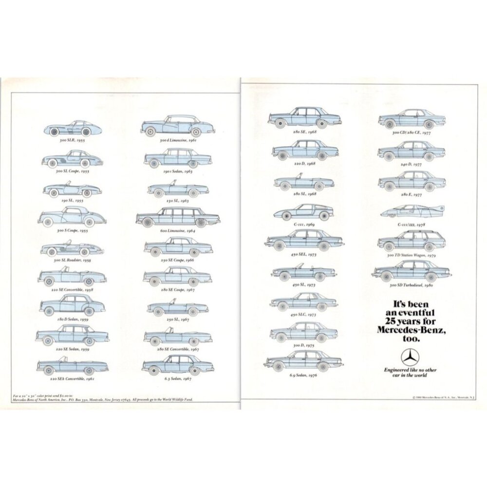 1980 Mercedes 25 Years of Car Models Lineup 2 page Vintage Print Ad Wall Art
